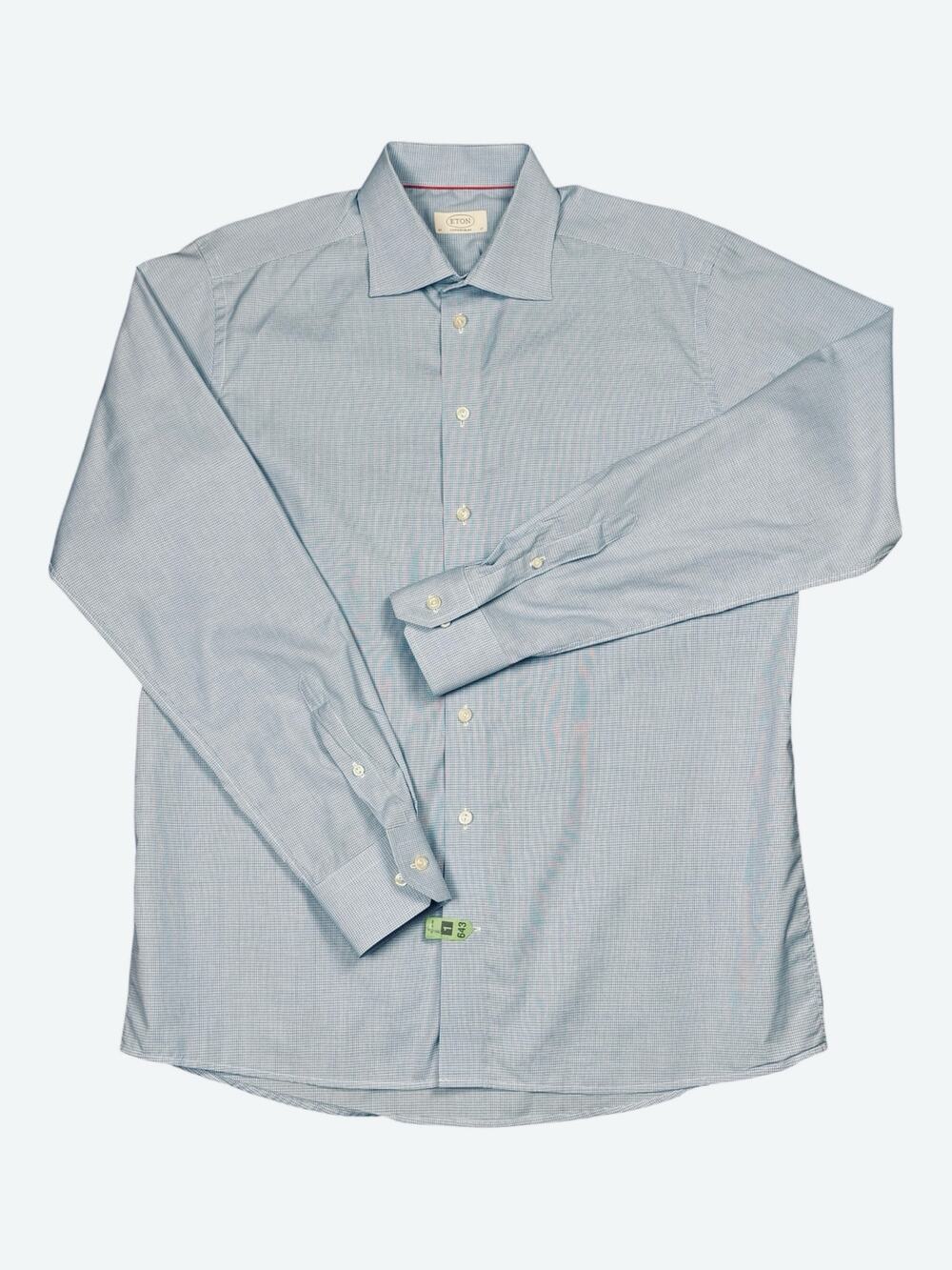Eton Contemporary Button Down Dress Shirt Men's 17 Blue Micro Plaid Work Office
